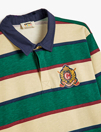 Polo Yaka Tişört Uzun Kollu Baskı Detaylı Pamuklu