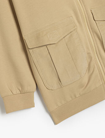 Oversize Kapşonlu Fermuarlı Sweatshirt Cepli Uzun Kollu Pamuklu Şardonlu 