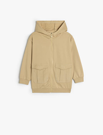 Oversize Kapşonlu Fermuarlı Sweatshirt Cepli Uzun Kollu Pamuklu Şardonlu 