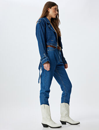 Mom Kot Pantolon Yüksek Bel Düğmeli Cepli Pamuklu - Mom Fit Jean