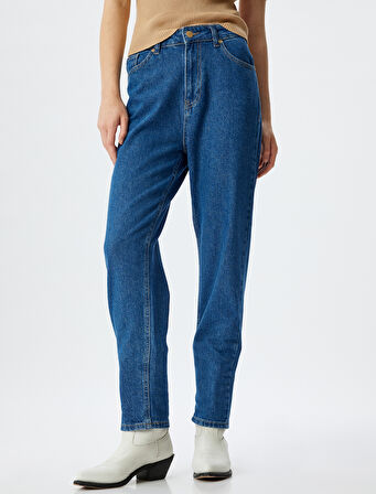 Mom Kot Pantolon Yüksek Bel Düğmeli Cepli Pamuklu - Mom Fit Jean