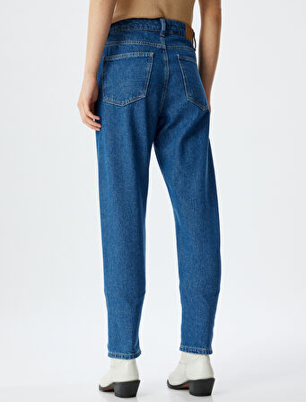 Mom Kot Pantolon Yüksek Bel Düğmeli Cepli Pamuklu - Mom Fit Jean