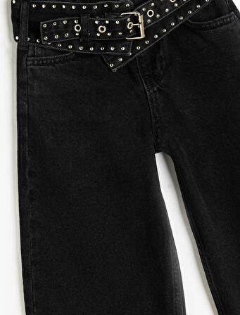 Geniş Paça Kot Pantolon Kemerli Cep Detaylı Pamuklu