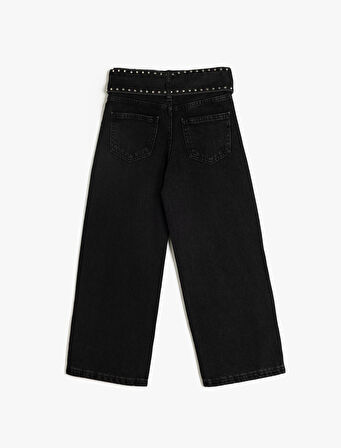 Geniş Paça Kot Pantolon Kemerli Cep Detaylı Pamuklu