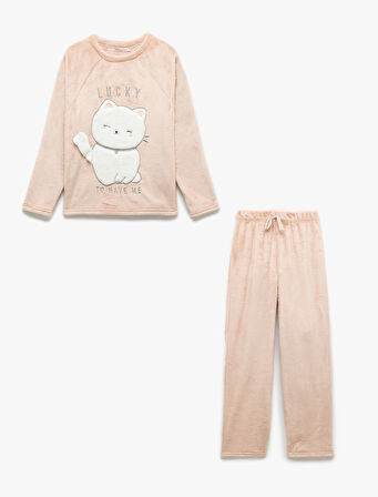 Kedi Aplike Detaylı Uzun Kollu Peluş Polar Pijama Takımı