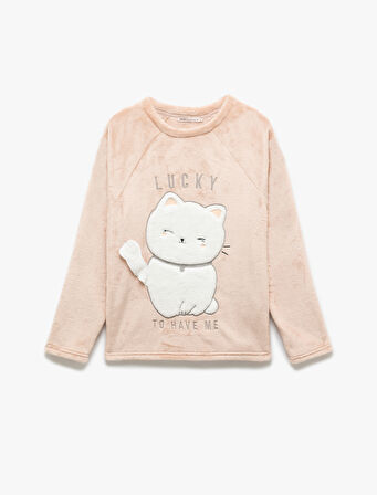 Kedi Aplike Detaylı Uzun Kollu Peluş Polar Pijama Takımı