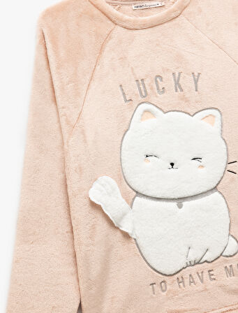 Kedi Aplike Detaylı Uzun Kollu Peluş Polar Pijama Takımı