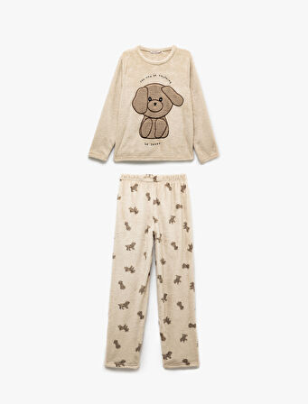 Köpek Desenli Peluş Polar Pijama Takımı