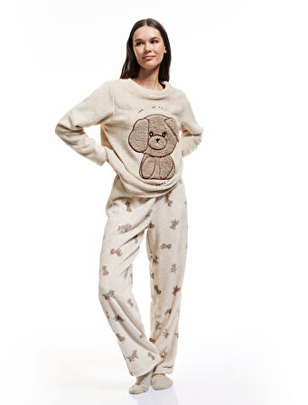 Köpek Desenli Peluş Polar Pijama Takımı