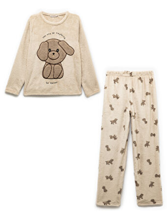Köpek Desenli Peluş Polar Pijama Takımı