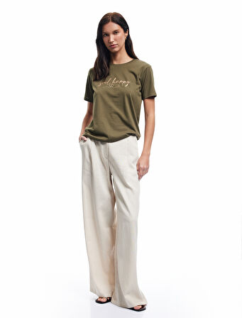 Pamuklu Kısa Kollu Bisiklet Yaka Baskılı Kadın Tişört