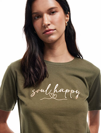 Pamuklu Kısa Kollu Bisiklet Yaka Baskılı Kadın Tişört