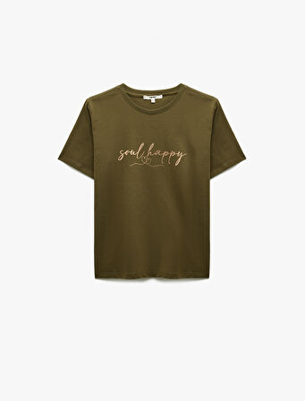 Pamuklu Kısa Kollu Bisiklet Yaka Baskılı Kadın Tişört