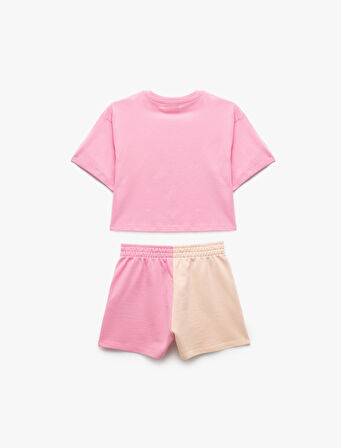 Renk Bloklu Kısa Kollu Bisiklet Yaka Pamuklu Şort ve Tişört Seti