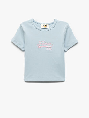 Nakış Detaylı Bisiklet Yaka Kısa Kollu Pamuklu Crop Tişört