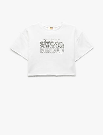 Slogan Baskılı Bisiklet Yaka Kısa Kollu Pamuklu Crop Tişört