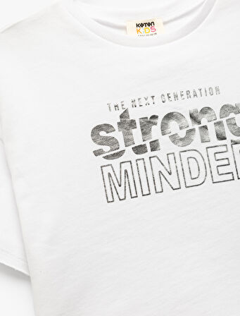 Slogan Baskılı Bisiklet Yaka Kısa Kollu Pamuklu Crop Tişört