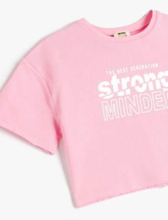 Slogan Baskılı Bisiklet Yaka Kısa Kollu Pamuklu Crop Tişört