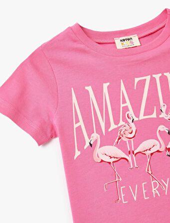 Pamuklu Bisiklet Yaka Kısa Kollu Flamingo Baskılı Tişört