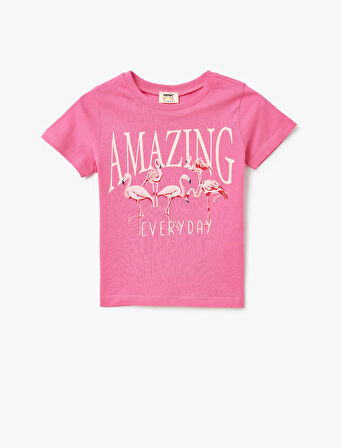 Pamuklu Bisiklet Yaka Kısa Kollu Flamingo Baskılı Tişört