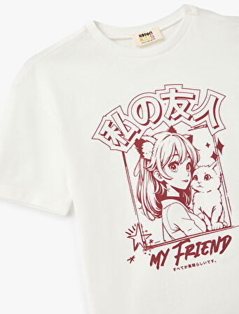 Pamuklu Anime Baskılı Bisiklet Yaka Kısa Kollu Tişört