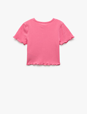 Pamuklu Kısa Kollu Bisiklet Yaka Kelebek Baskılı Crop Tişört