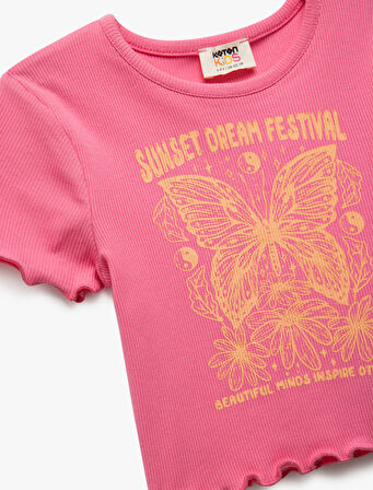 Pamuklu Kısa Kollu Bisiklet Yaka Kelebek Baskılı Crop Tişört