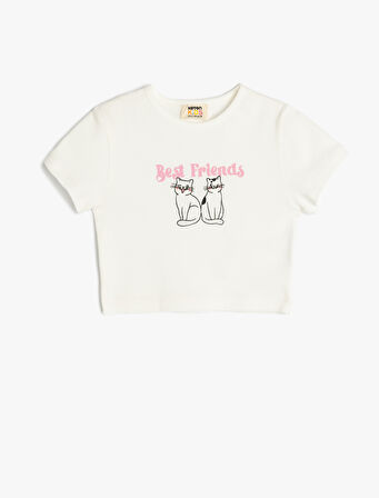 Kedi Baskılı Bisiklet Yaka Kısa Kollu Pamuklu Tişört