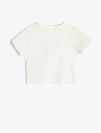 Kedi Baskılı Bisiklet Yaka Kısa Kollu Pamuklu Tişört