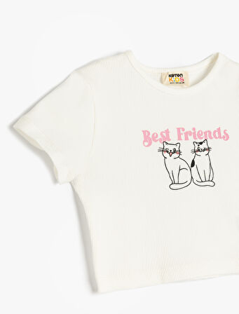 Kedi Baskılı Bisiklet Yaka Kısa Kollu Pamuklu Tişört