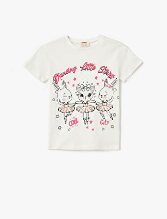 Pamuklu Slogan Baskılı Bisiklet Yaka Kısa Kollu Tişört