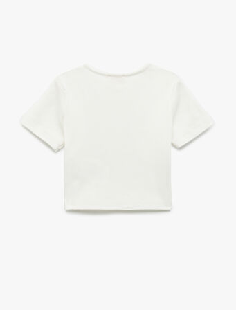 Baskılı Kısa Kollu Bisiklet Yaka Pamuklu Crop Tişört