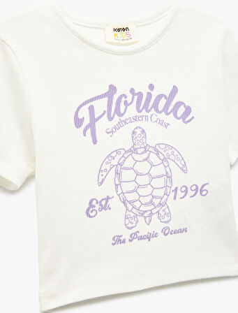 Baskılı Kısa Kollu Bisiklet Yaka Pamuklu Crop Tişört