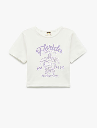 Baskılı Kısa Kollu Bisiklet Yaka Pamuklu Crop Tişört