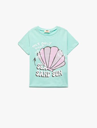 Pamuklu Kısa Kollu Bisiklet Yaka Deniz Kabuğu Baskılı Tişört