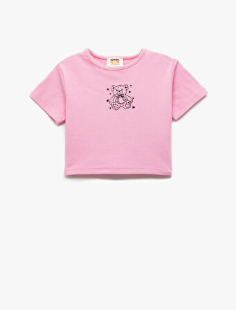 Pamuklu Kısa Kollu Bisiklet Yaka Kaşkorse Ayıcık Baskılı Tişört