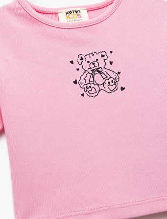 Pamuklu Kısa Kollu Bisiklet Yaka Kaşkorse Ayıcık Baskılı Tişört