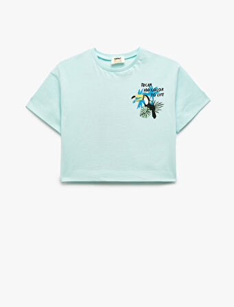 Bisiklet Yaka Kısa Kollu Baskı Detaylı Pamuklu Tişört