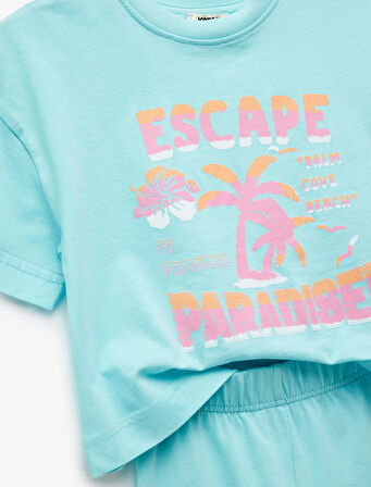 Bisiklet Yaka Kısa Kollu Pamuklu Baskılı Tişört ve Tayt Seti 