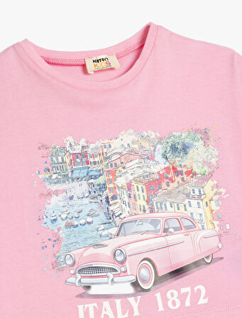 Şehir Baskılı Bisiklet Yaka Kısa Kollu Pamuklu Tişört