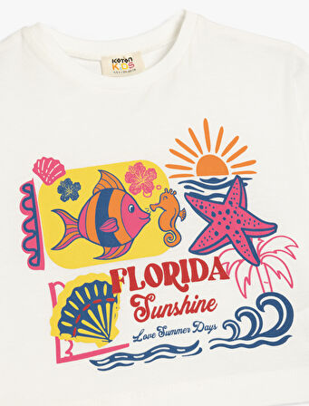 Bisiklet Yaka Yaz Temalı Baskı Detaylı Kısa Kollu Pamuklu Tişört