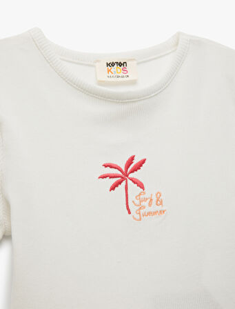 Bisiklet Yaka Kısa Kollu Pamuklu Palmiye Baskılı Tişört