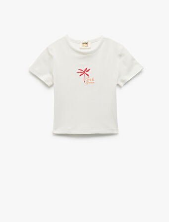 Bisiklet Yaka Kısa Kollu Pamuklu Palmiye Baskılı Tişört