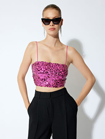 Abiye Crop Bluz Pullu Payetli İp Askılı Slim Fit