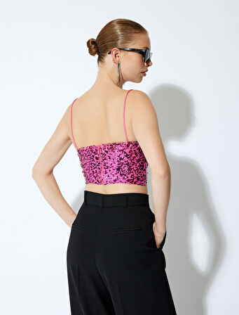 Abiye Crop Bluz Pullu Payetli İp Askılı Slim Fit