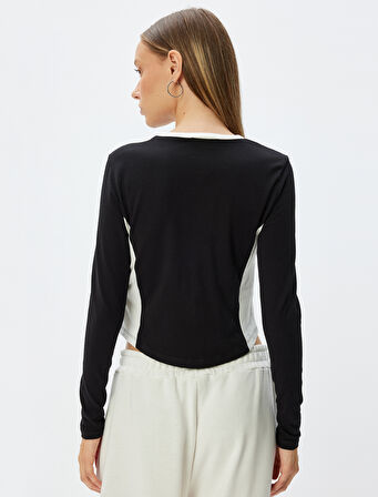 Crop Tişört Uzun Kollu Slogan Baskılı Renk Bloklu Bisiklet Yaka Slim Fit