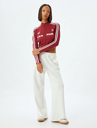 Crop Tişört Fermuarlı Uzun Kollu Kolej Baskılı Dik Yaka Biyeli Slim Fit