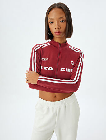 Crop Tişört Fermuarlı Uzun Kollu Kolej Baskılı Dik Yaka Biyeli Slim Fit