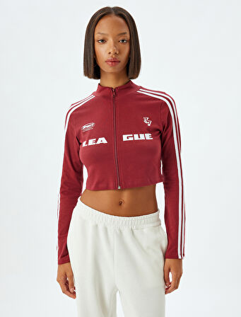 Crop Tişört Fermuarlı Uzun Kollu Kolej Baskılı Dik Yaka Biyeli Slim Fit