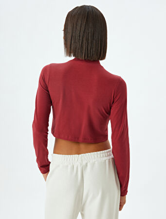 Crop Tişört Fermuarlı Uzun Kollu Kolej Baskılı Dik Yaka Biyeli Slim Fit